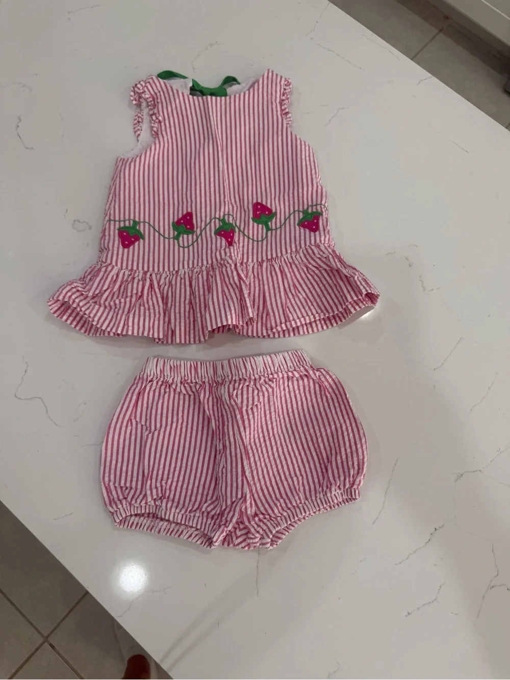 Florence Eiseman Girls’ Pink Stripe Top & Bloomers Set | Strawberry Embroidery